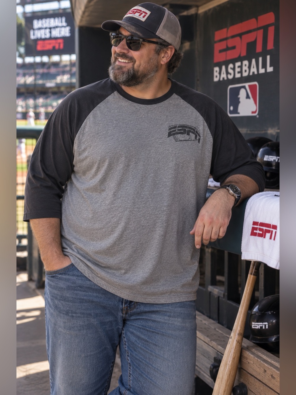 ESPN Mens Baseball Shirt XXL Gray Graphic Raglan Tee Sports Fan MLB T-shirt